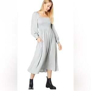 Madewell Light Gray Long Sleeve Smocked Midi Dress with Pockets